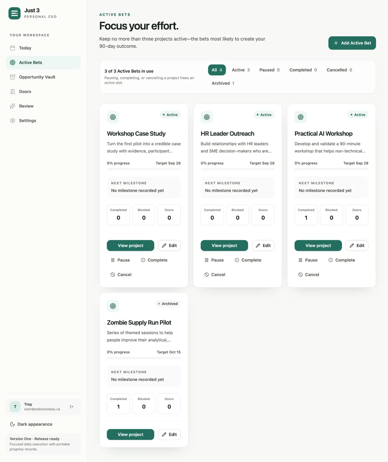Active Bets page showing three active projects and one archived project