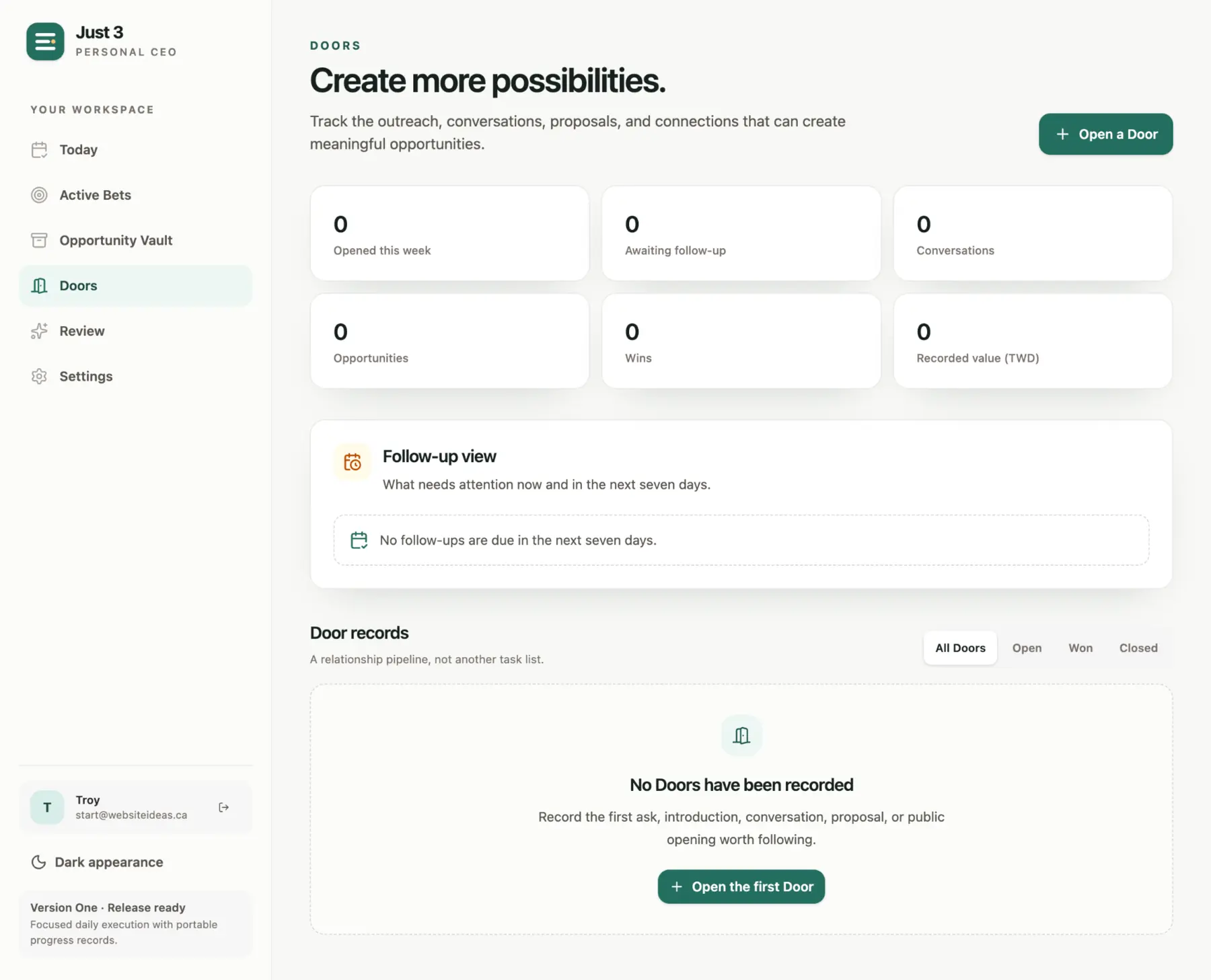Doors page showing opportunity and follow-up measures with a relationship pipeline