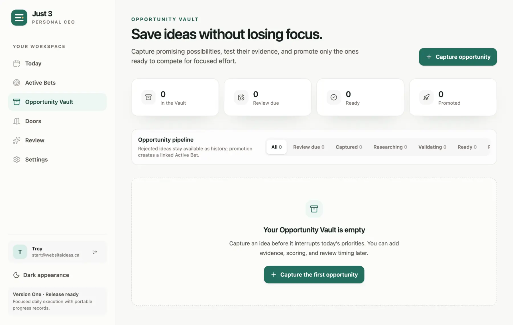 Opportunity Vault page for saving and evaluating ideas without interrupting current priorities