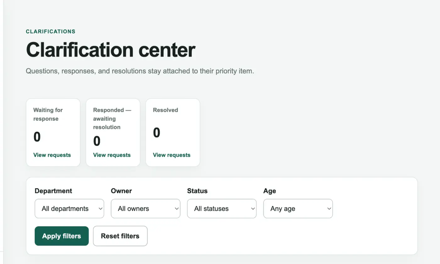 Clarification Center with response states and filters for department, owner, status, and age