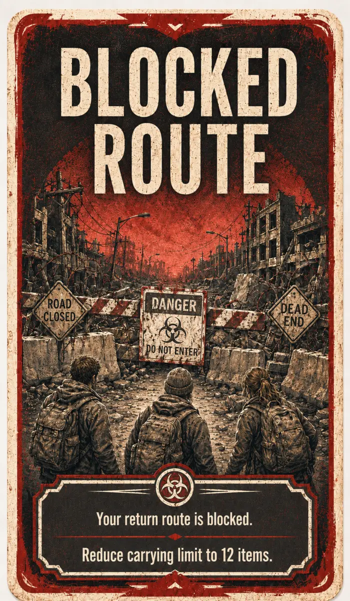 Blocked Route card reducing the team's carrying limit to twelve items