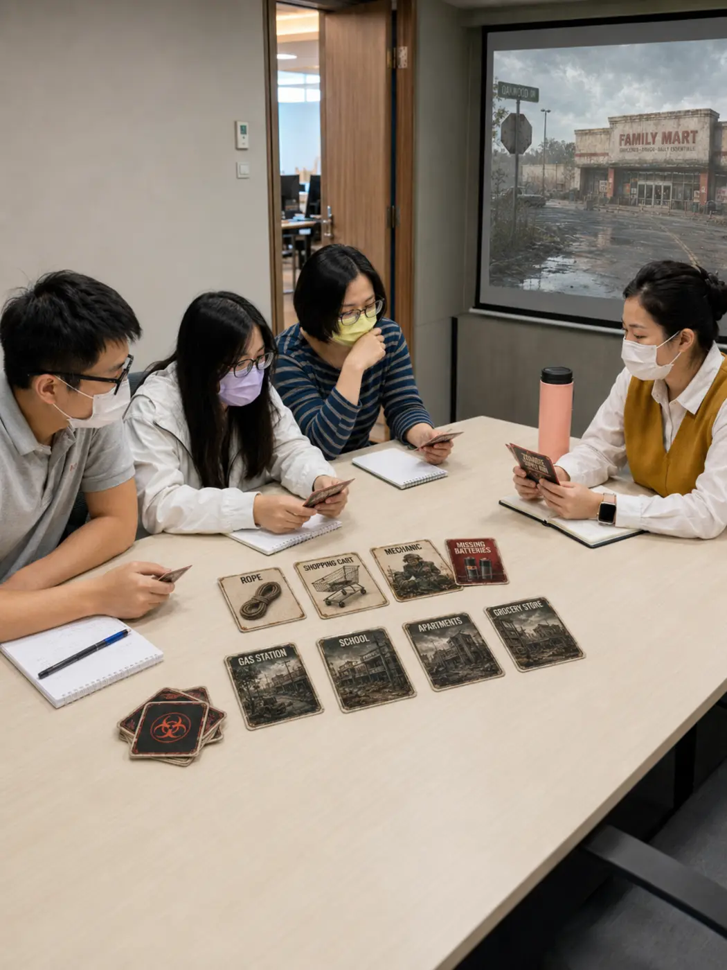 Participants reviewing route, survivor, and supply cards around a table