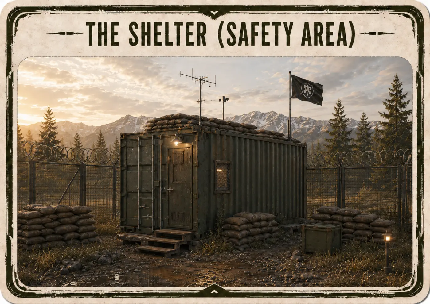 The fortified shelter scene used as the team's safety destination