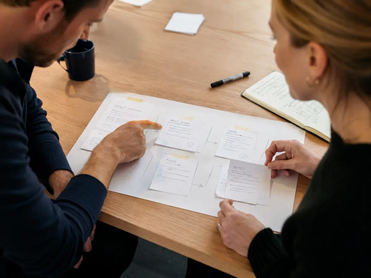 Two colleagues testing and discussing a simple paper workflow prototype at a table.