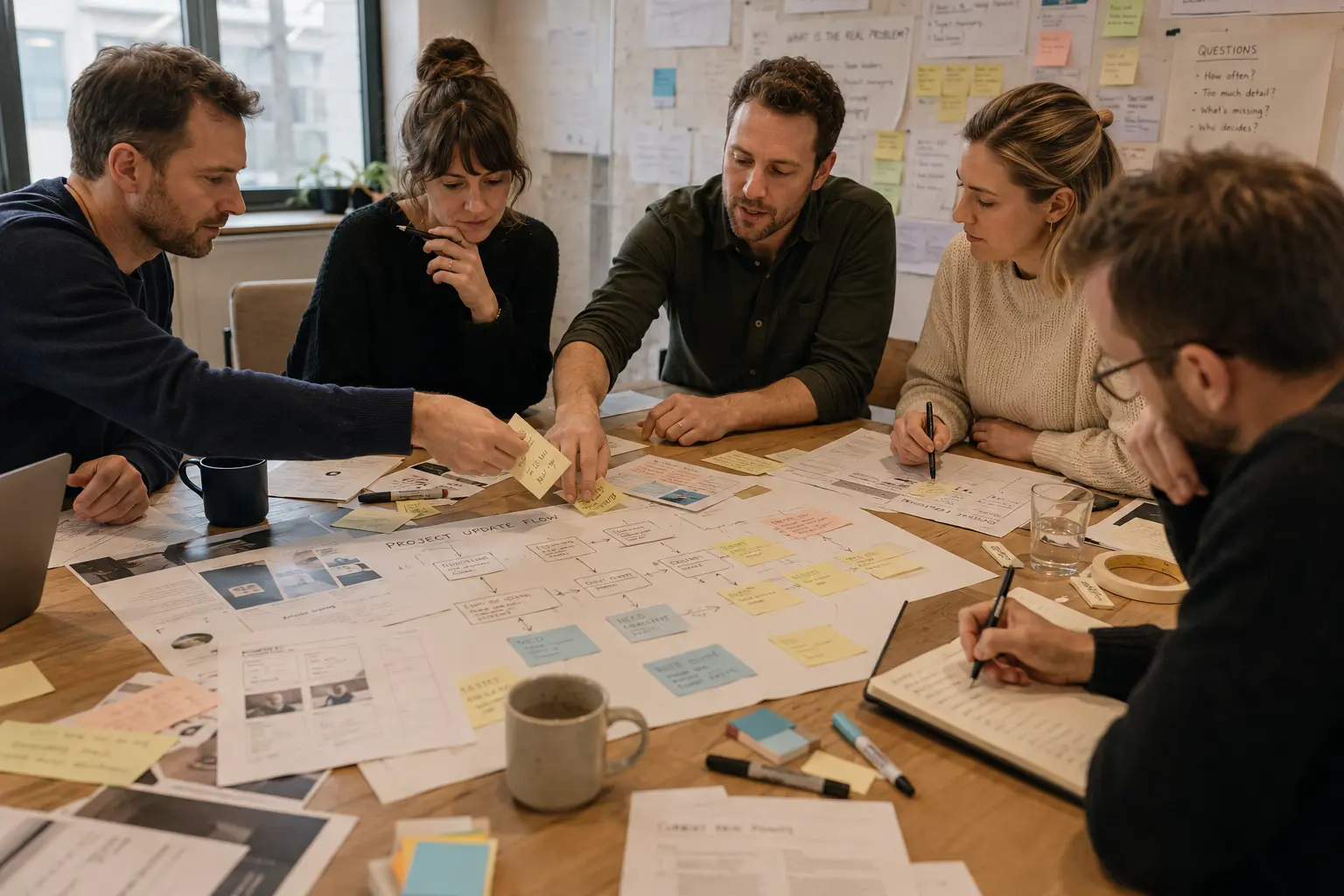 Five colleagues gathered around a table, organizing notes and mapping a workplace problem together.